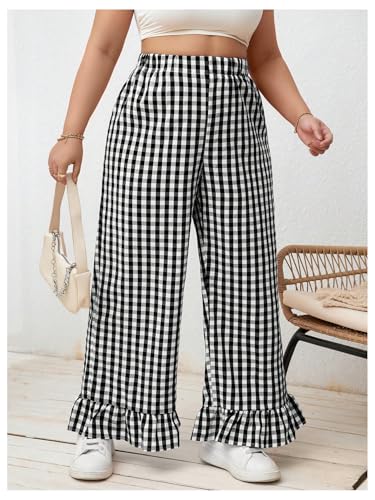 Verdusa Women's Plus Size Gingham Checkered Pants Elastic High Waisted Ruffle Hem Trousers4