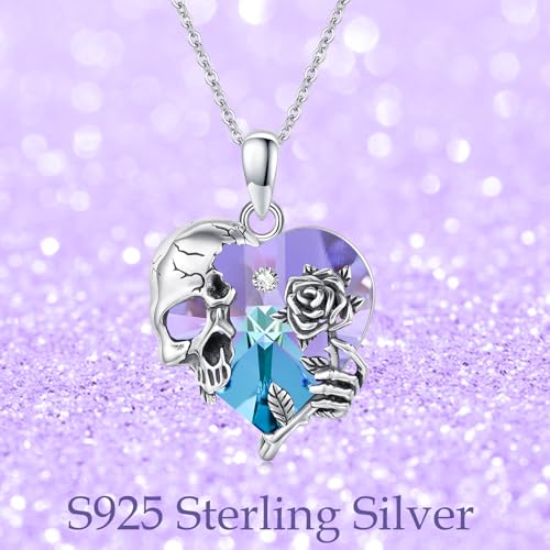 Image of S925 Sterling Silver Skull Pendant Necklace Heart Crystal Birthstone Skull Necklace Gothic Jewlery Gifts