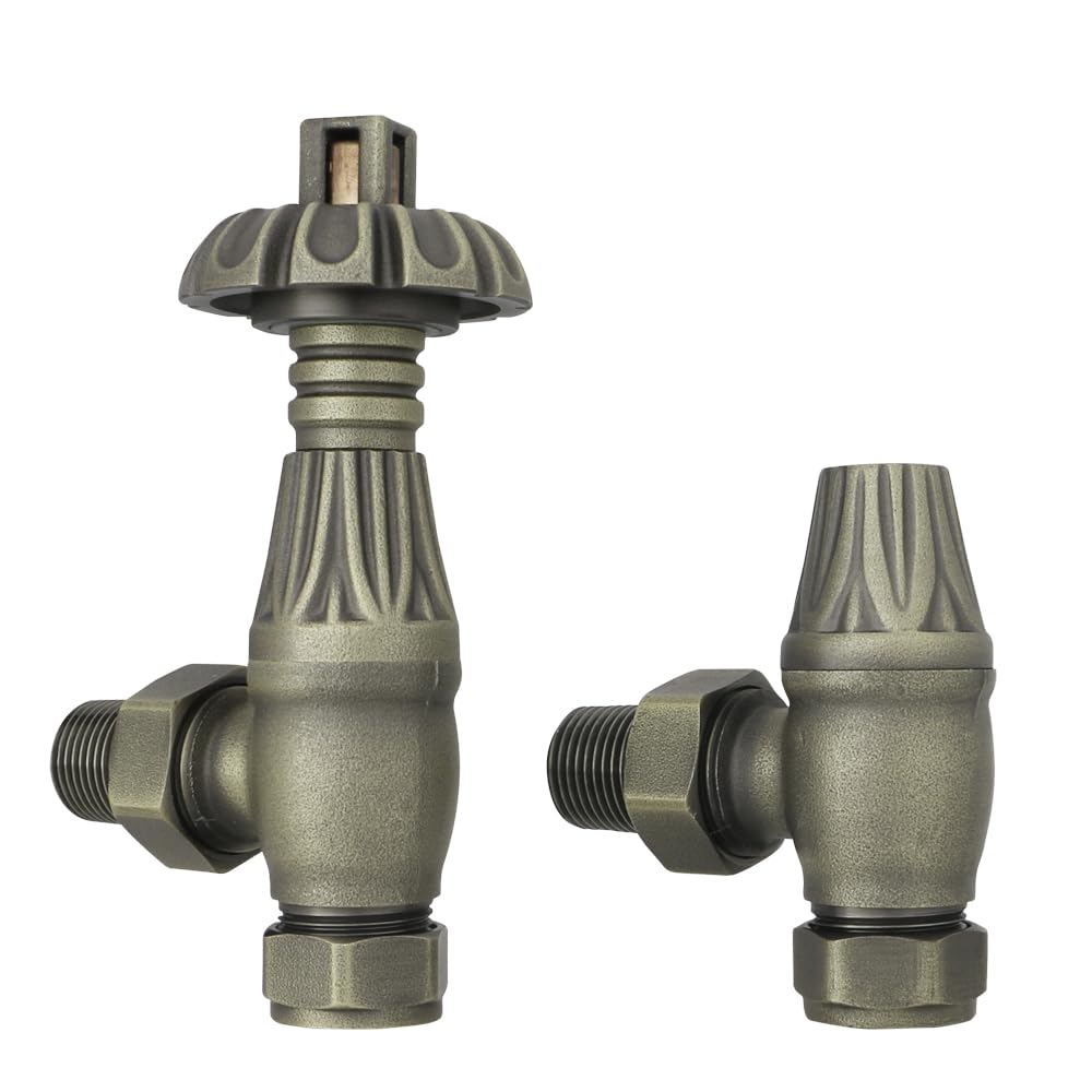 Nrg Antique Brass Traditional Antique Angled Central Heating Radiator Valve 15Mm Thermostatic Lockshield Valves