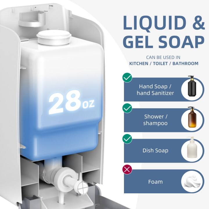 Image of Soap Dispenser Wall Mount 28oz Commercial Hand Soap Dispenser for Bathroom Liquid Gel Hand Sanitizer Dispenser No Drilling Silver