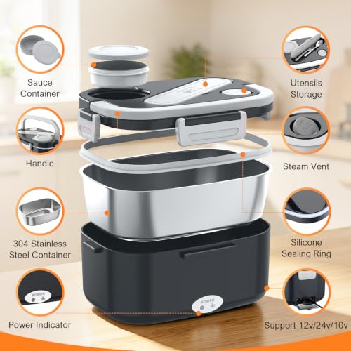 Image of HOLDRUBY Electric Heated Lunch Boxes Adults: 100W Protable Food Warmer with Sauce Box 1.5L Heatable Lunch Box for Car /Truck /Office 12 /24 /110-230V Leak-Proof Stainless Steel Container,Fork & Spoon,Bag