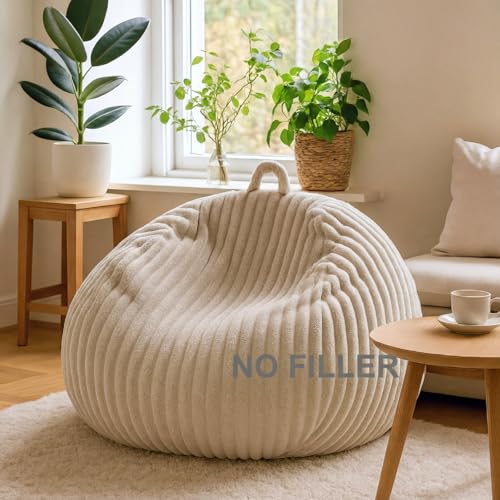 Honeydak Ribbed Rabbit Fur Stuffed Animal Storage Bean Bag Chair Cover (No Filler) Comfy Bean Bag Cover Without Filling or Home Bedroom Decor Organizing Plush Doll Textile Holder (Linen,L)