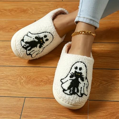 Image of Womens Mens House Slippers Retro Comfy Warm Plush Slip on Fluffy Memory Foam Home Sippers for Winter Indoor Outdoor