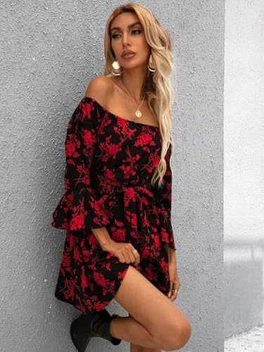 Image of Off Shoulder Ruffle Dress for Women, A-Line Mini Dress with Belt, Fitted Bust Summer Wedding Guest Dress