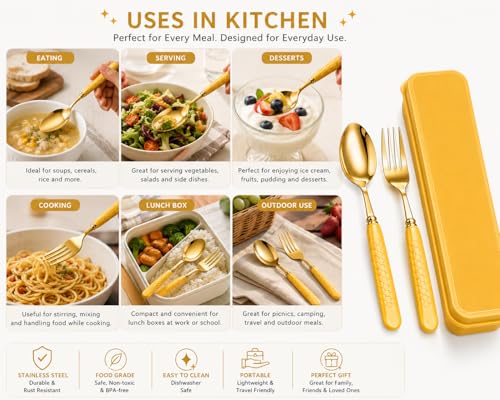 Image of JAXHOM Golden Stainless Steel Spoon and Fork Set - Durable Flatware with Plastic Handles & Travel-Friendly Case - Ideal for Lunchboxes, Camping, Office, School & On-the-Go Meals (C-6)