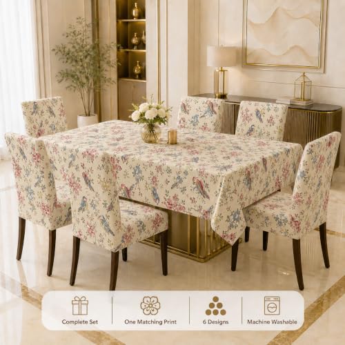 Image of Cloth Fusion Dining Table Cover with 6 Chair Covers, 6 Seater Table Cloth | Table cover and every chair cover in one matching print; 4-way stretch chair covers; 6 designs; washable, not PVC