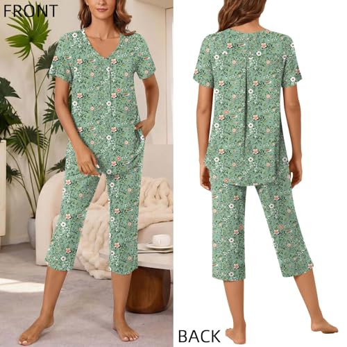 Image of Bestbee Women's Pajama Sets 2 Piece Lounge Outfits Summer Sleepwear V Neck Short Sleeve Capri Pant With Pockets Ladies Pjs
