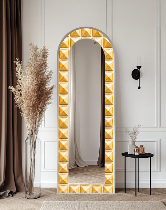 Specchio da pavimento a mosaico a forma di piramide dorata, lunghezza completa, 50,8 x 160 cm (larghezza x altezza), con cornice nera e cornice nera
