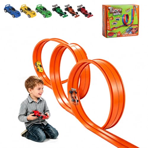 Flexible Autorennbahn Kinder, 6m Autobahn Kinder mit 6 Autos, tragbare Doppel-Rennbahn & Rampe für 1/64 Spielzeugautos, Autorennbahn Spielzeug Geschenk ab 3 Jahren