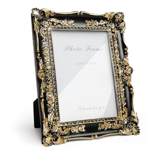 Vintage Black and Gold Picture Frame 5x7, Ornate Baroque Resin Handcrafted Picture Frames with Glass Front, Antique Textured Design Decorative Frame for Tabletop & Wall Display
