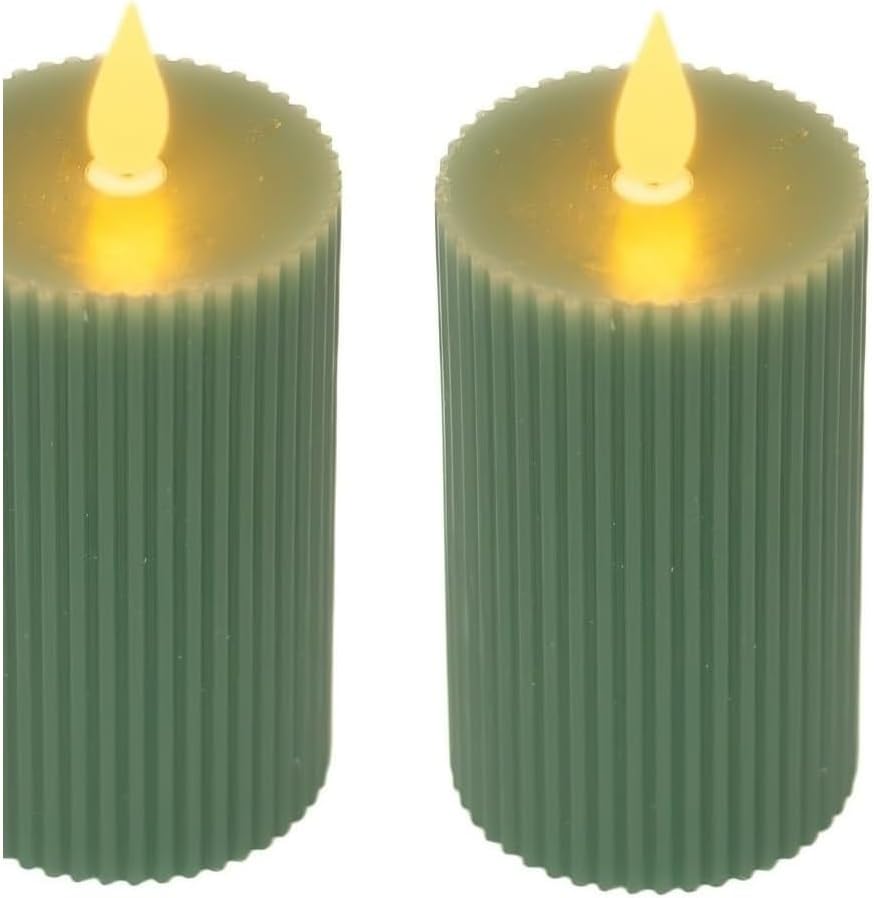 Factory Direct Craft Set of 2 Green Ribbed LED Votive Candles Flamless Candles for Holiday Decorating and Special Event Lighting - 4 Inches High