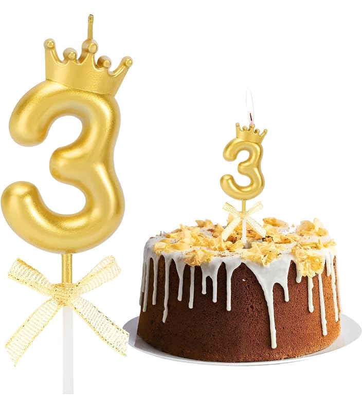 Image of Number 3 Unscented Candle with Crown 3 inch for Birthday Parties, Wedding, Engagement, Valentines Day Celebration, Theme Party, Bachelors Decoration Gold, Numeric 3