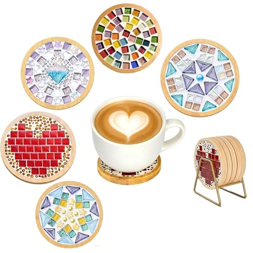 JADENIO 5 Sets DIY Mosaic Kits for Adults Wooden Coasters with Mixed Color Glass Mosaic Tiles Craft Supplies for Drink Trays & Handmade Home Decor