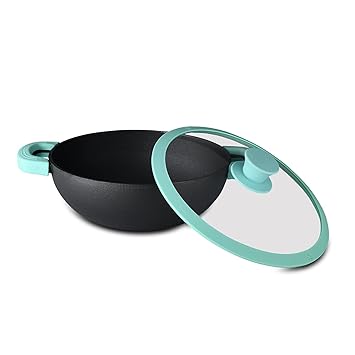 BERGNER Elements Pre-Seasoned Cast Iron Kadai with Glass Lid, 25 cm, 3.3 Litres, Induction Friendly, Black