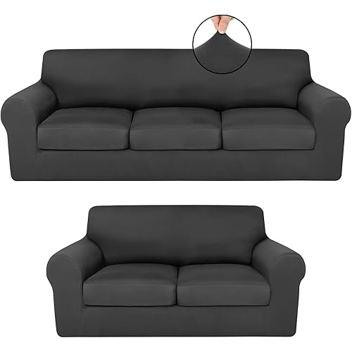 Sofa Covers for 3 Cushion Couch Stretch Sofa and Loveseat Covers Set 2 Cushion Couch Cover Set Seat Slipcovers Furniture Protector for Living Room(5 Seats,Dark Grey)