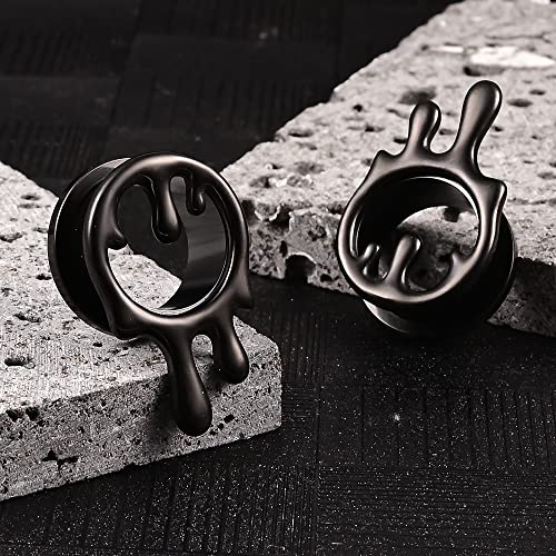 Atomhole 2PCS Cool Water Drops Ear Tunnels Plugs 316 Stainless Steel Ear Gauges Hypoallergenic Earrings Expanders for Stretched Piercing Body Jewelry (8mm(0G), Black)