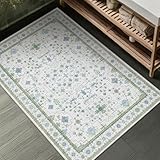 Washable Boho Bathroom Rug 2x3 - Small Throw Area Rugs for Powder Room, Laundry, Kitchen, Blue and Green Oushak Modern Eclectic Geometric Floral Pastel Decor, Low Pile Non-Slip Stain Resistant