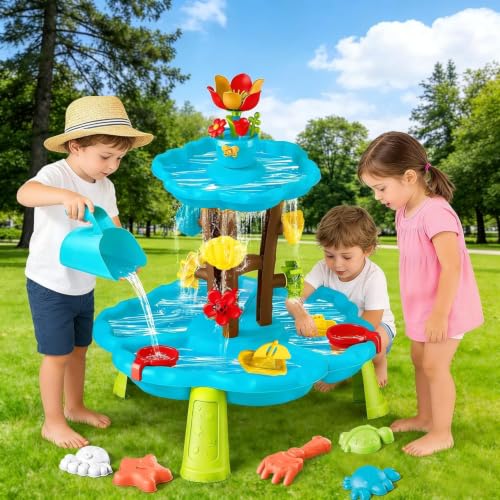 Linkowin Kids Flower Water Sand Table, 2 Tier Kids Outdoor Water Sand Play Table Toys, Splash Sensory Table for Summer Beach Activity Party for Boys Girls Age 3+ (Blue & Green) - Image 6