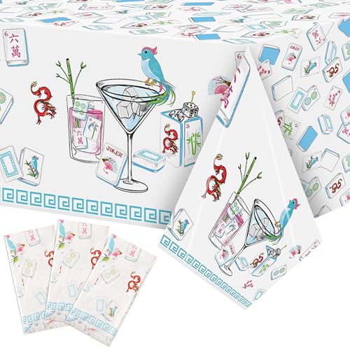 K1tpde Mahjong Party Tablecloth Decoration - 3PCS Cocktail Themed White and Blue Plastic Tablecloth, Disposable Cocktail Tablecover for Adult, Mahjong Party Supplies for Birthday Bachelorette Decor