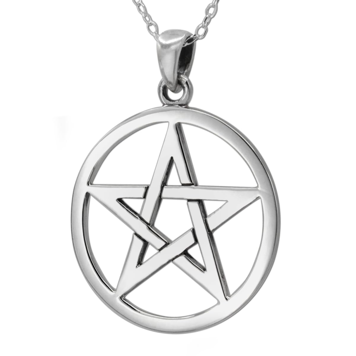 Moonlight Mysteries Sterling Silver Wiccan Pentacle Pentagram Pendant Necklace with Cable Chain (16, 18, 20, 24, 30 Inches)