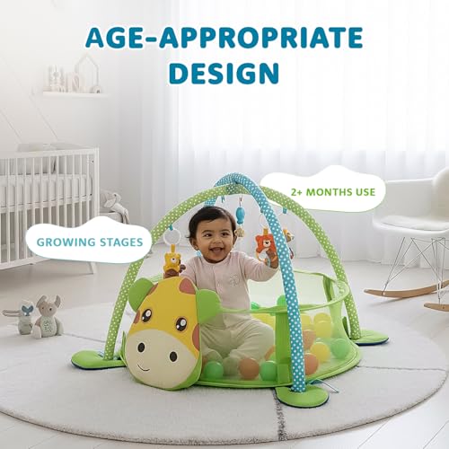 Image of Amazon Brand - Supples Baby Play Gym Pool | Activity Play Gym for Baby with Hanging Toys and 30 Colorful Balls | 3-in-1 Ball Pit, Mat & Gym | Giraffe Print | Multicolor | Baby Bedding for 2+ Months