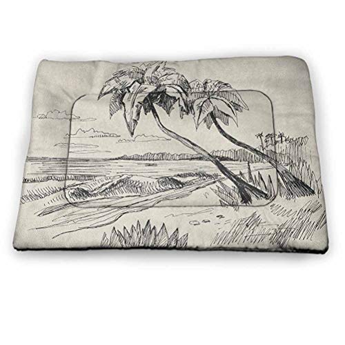 prunushome Pet Crate Mat Dog Bed Palm Tree Machine Washable Pet Mattress Sketch of Coconut Palm Tree on Sandy Tropical Beach Exotic Oceanside View Print for Pets Sleeping Cream Black (21"x14")