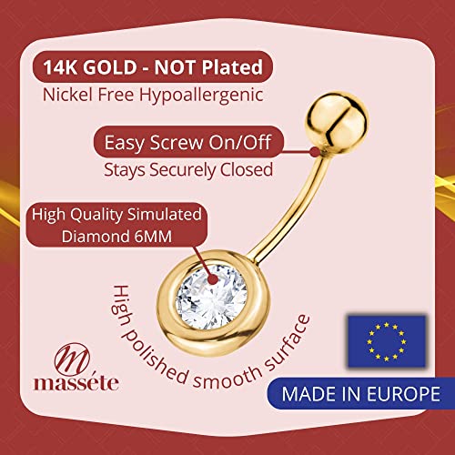 Massete Belly Button Rings 14K Yellow Gold Navel Rings Simulated Diamond Bezel Set Rounded Bevel Stud Body Piercing #TOP1