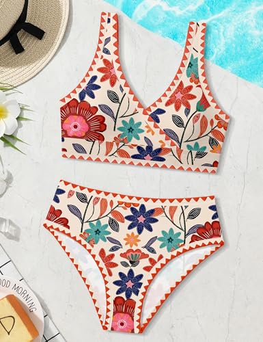 Image of KANGKANG Girls Swimsuit Bikini Set Solid Color V-Neck Two Piece Bathing Suit with Chest Pad Adjustable Straps Swimwear 7-16T