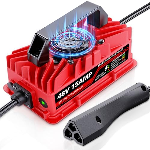 15 Amp 48 Volt Golf Cart Battery Charger for EZGO RXV & TXT - 3-Pin Triangular Plug Smart Charger for Lead-Acid Batteries IP67 Waterproof Multi-Protection Unique Design (Red)