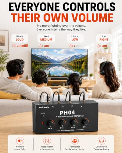 Image of Fosi Audio PH04 4 Channel Headphone Amplifier Stereo Audio Amp with 12V 1A Power Adapter Ultra-Compact Portable Headphone Splitter for Studio and Stage
