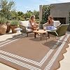 Garvee Waterproof Outdoor Rug 8×10, Scalloped Geometric Foldable Plastic Straw Patio Camping Rug, Outdoor RV Carpet for Deck Camper Porch Balcony Backyard Picnic Beach Brown and White