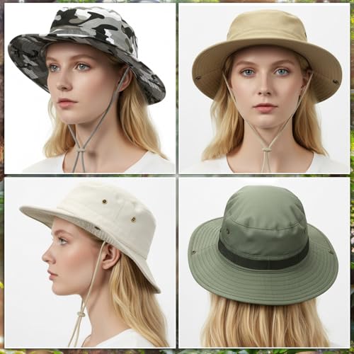 Image of 4 Pack Boonie Safari Hats for Men Women, Wide Brim Sun Hats with Chin Strap for Fishing Hiking Lightweight