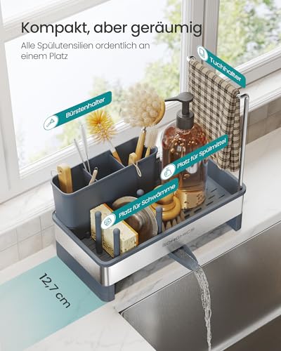 SONGMICS Spülbecken-Organizer, Küchen-Organizer mit Schwammhalter, Spüle Organizer, für Bürsten, Spülmittel, Spültuchhalter, Edelstahl, platzsparend, drehbarer Ablauf, schiefergrau-silbern KCS555GN01 4
