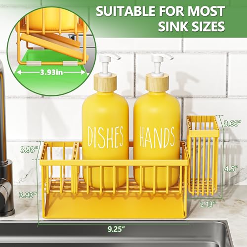Image of Cisily Yellow Dish Soap Dispenser Set, 16 fl Oz Dual Kitchen Soap Dispensers with Sponge Holder, Customized Stainless Steel Kitchen Soap Dispenser Set, Lemon Kitchen Decor and Accessories