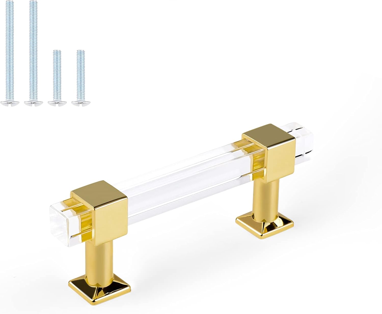Orger 10 Pack 3" Hole Centers Kitchen Cabinet Handles, Clear Square Tube Acrylic Drawer Handles with Gold Finish Base, Cabinet Pulls for Bedroom Cabinet Dresser Cupboard Wardrob Hole Center:3 inch(76mm) Gold 10