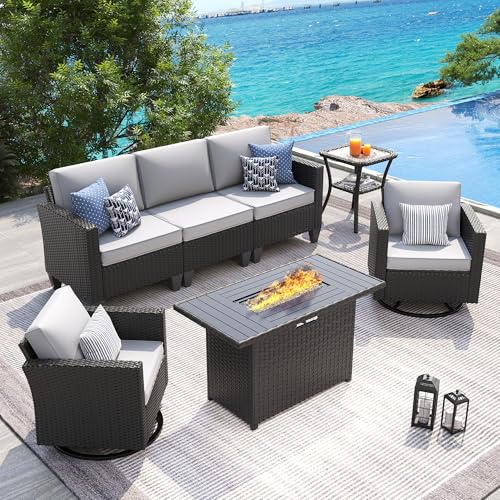 Image of UDPATIO Patio Furniture Set with Fire Pit Table, Rocking Swivel Chairs, 5 Pieces Outdoor Furniture Sets, All-Weather Wicker Outdoor Sectional Sofa with Cover, 4'' Thickened Cushion, Light Grey