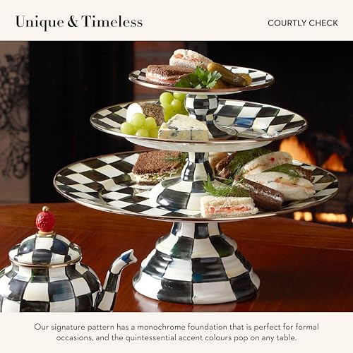 MACKENZIE-CHILDS Enamel Pedestal Platter, Round Cake Stand, Large, Black-and-White Courtly Check