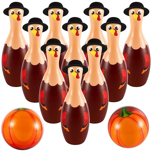 Shappy 12 Pcs Thanksgiving Turkey Bowling Set Including 10 Foam Pins with Black Hat 2 Balls