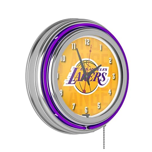 Trademark Global Neon Clock - Retro Los Angeles Lakers City Analog Wall Clock with Pull Chain - for Kitchen, Garage, Game Room, or Home Bar