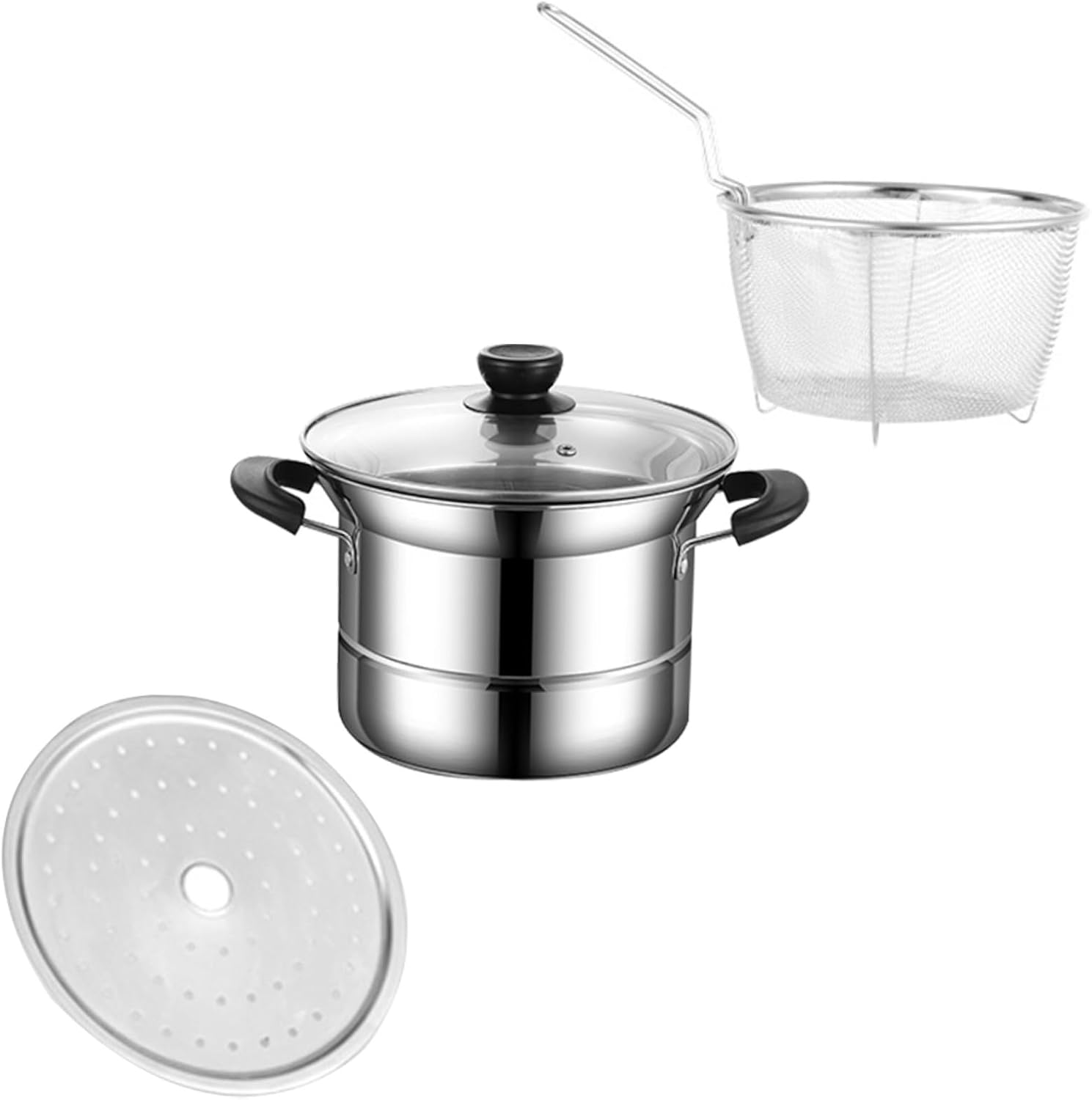 Cabilock Stainless Steel Deep Fryer with Tempered Glass Lid Multi-Functional Pasta Pot Noodle Cooking Pot and Stockpot for Home Cooking and Induction Compatibility
