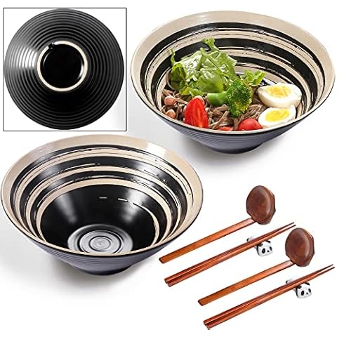 WEUNUM Ceramic Ramen Bowl Set of 2, 60 oz Large Japanese Udon Soba Pho Asian Soup Noodle Bowls with Chopsticks and Spoons Cover