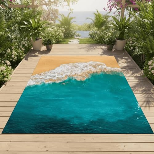 Coastal Beach Theme Outdoor Patio Rug 12x14 Realistic Ocean Wave