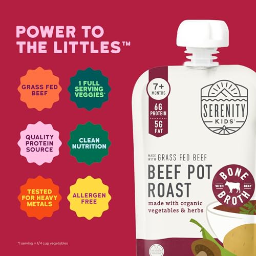 Image of Serenity Kids Beef Bone Broth Baby Puree, No Added Sugar, 3.5 Oz, 6 Pack | Savory Meat Pouch, Grass Fed Beef, Organic Veggies, GMO-Free, For Babies & Toddlers, Baby Food Pouches, Toddler Food