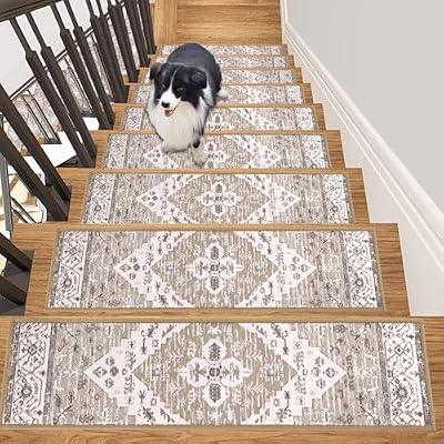 HEBE Carpet Stair Treads for Wooden Steps Indoor 4 Pack 8" X 30" Non Slip Self Adhesive Stairway Carpet Reusable Staircase Step Treads Edging Stair Rugs Runner for Kids and Pets