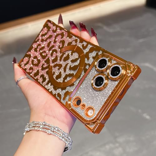 COTDINFOR Funda para iPhone 17 Pro MAX Carcasa [Compatible con MagSafe] Brillante Glitter Brillo Estampado de Leopardo Cuerpo Ultra Funda Slim Fit Back-Cover para iPhone 17 Pro MAX Orange BW