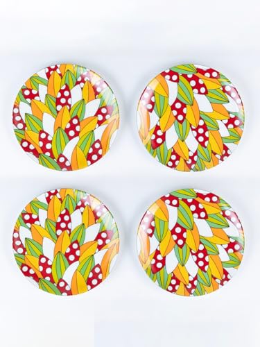 Image of GOLDEN QUEEN'S Snack Plates Set of 4 | Perfect for Snacks, Desserts, Appetizers, Salads, Tapas, Cheese | 7 inches Wide | Microwave Safe (Red & Yellow Abstract)