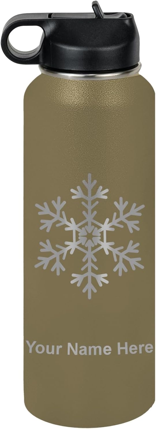 LaserGram Personalized Water Bottle, Snowflake, Stainless Steel Double Wall Vacuum Insulated with Flip Top Straw, Custom Engraved Gift (40oz / 1180ml Camo Green)