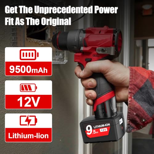 Image of Bonacell Upgraded 2Pack 9.5Ah Replacement for Milwaukee M12 Battery Lithium 12V Battery with LCD Display Compatible with 48-11-2401 48-11-2412 48-11-2411 48-11-2420 48-11-2410 Cordless Tools