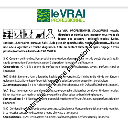 LE VRAI PROFESSIONNEL - Nettoyant Sol Multi Surface - Non Moussant - Produits Menagers Maison - Compatible Robot Balai - Parfum Agrumes - Fabrication Française - Bidon 5L - SOLAGRUME