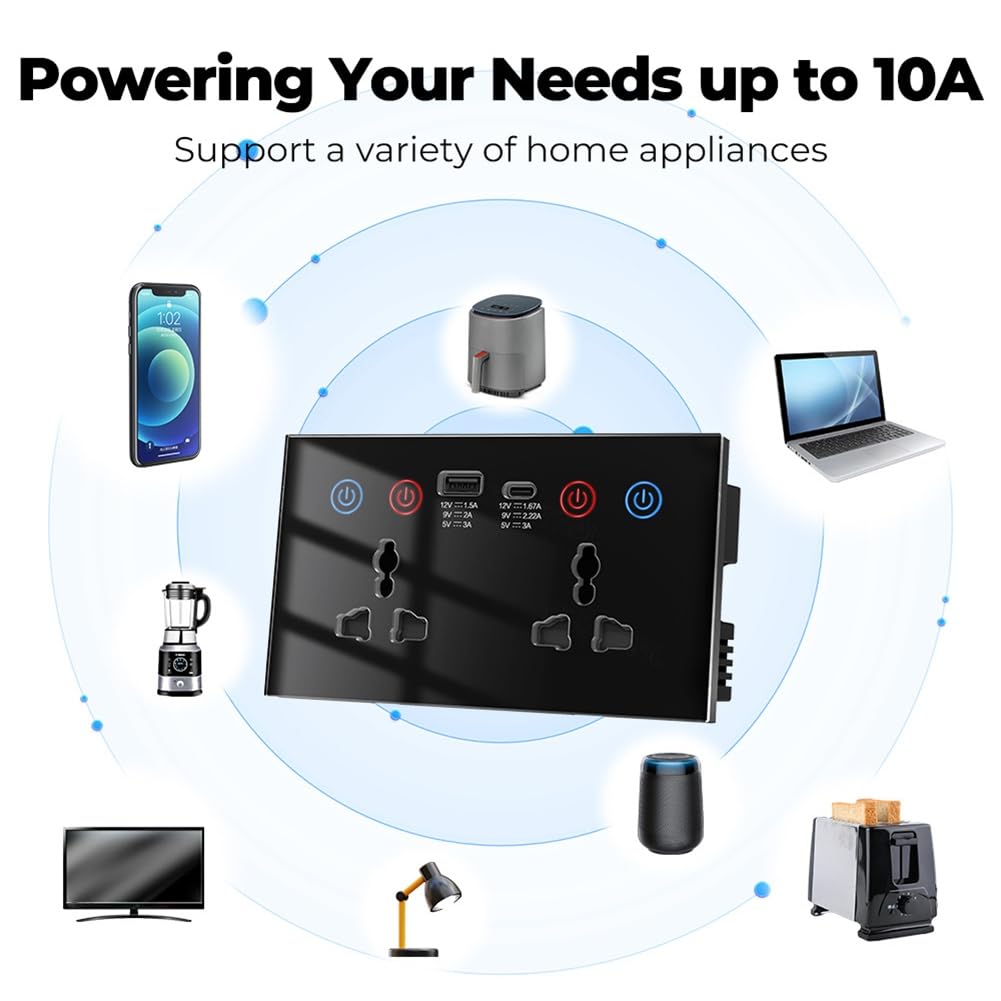 Enchufe Inteligente Tuya Wi-Fi con USB Tipo C, Enchufe de Pared Universal 4 en 1, Monitor de Energía e Interruptor Táctil.